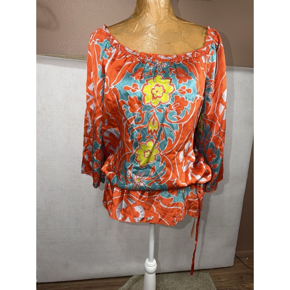Hale Bob 100% Silk Floral Tropical On/Off Shoulder Cinch Waist Blouse Medium NWT